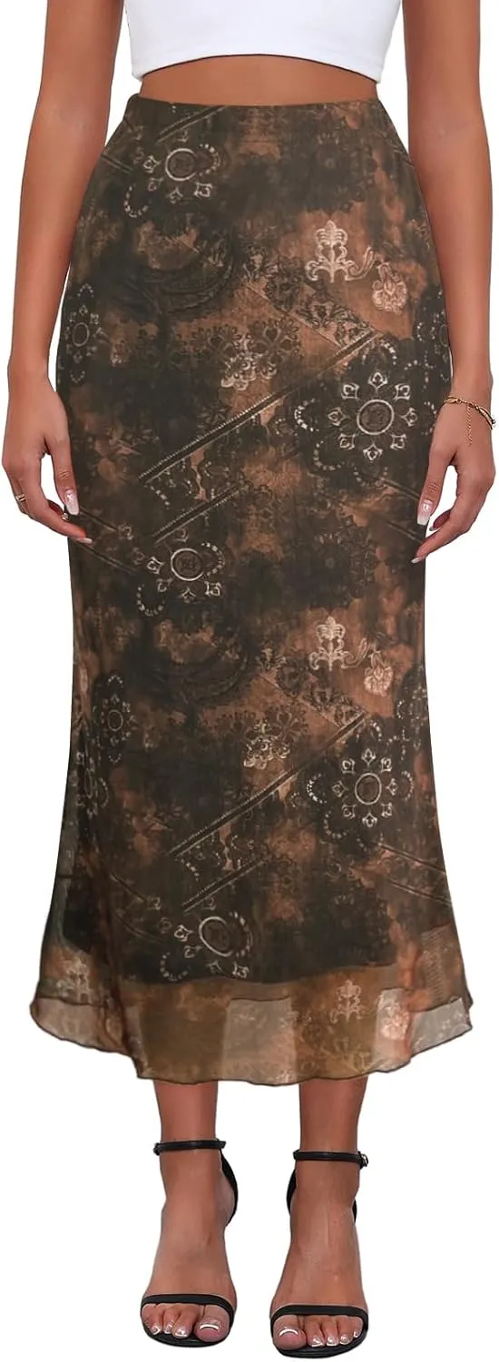 Women's Y2k Mesh Midi Skirt Elastic High Waisted Floral Print Bodycon Mermaid Long Skirts for Women
