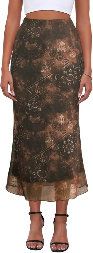 Women's Y2k Mesh Midi Skirt Elastic High Waisted Floral Print Bodycon Mermaid Long Skirts for Women