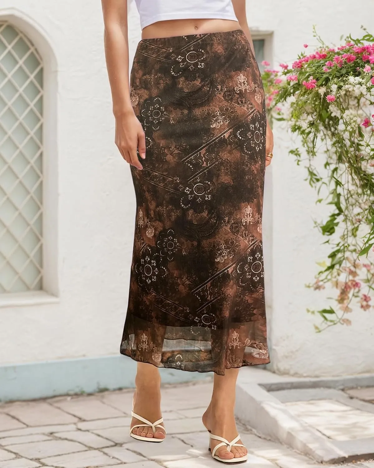 Women's Y2k Mesh Midi Skirt Elastic High Waisted Floral Print Bodycon Mermaid Long Skirts for Women